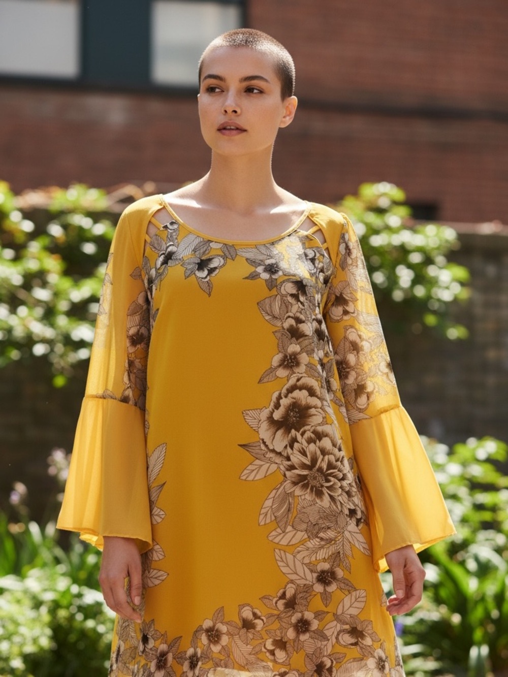 NWOT MARIGOLD YELLOW FLORAL TUNIC DRESS SHEER BELL SLEEVES GARDEN GIRL UMGEE S